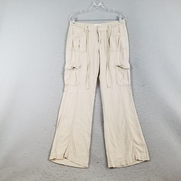 Old Navy Pants Womens 6 Khaki Linen Blend Cargo Wide Leg Drawstring Utility - Picture 1 of 14